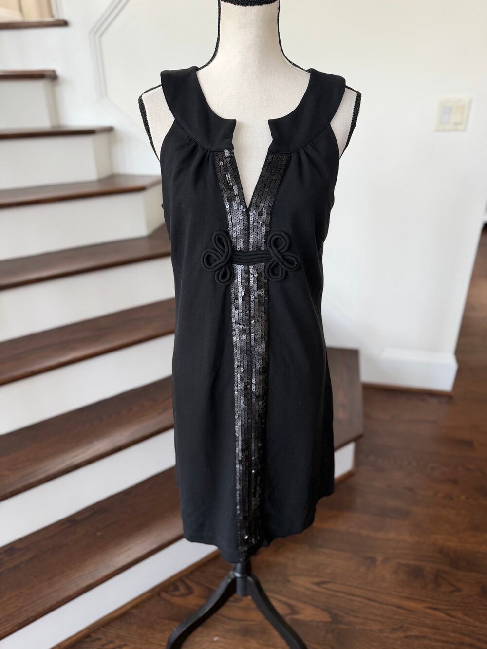 Lilly Pulitzer Black Chinoiserie Sequin Sleeveless Scoop Neck Sheath Dress Flaw